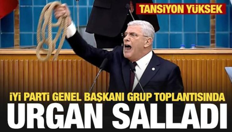 İYİ Parti Genel Başkanı Dervişoğlu grup toplantısında urgan salladı