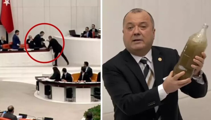 Meclis’te tansiyon yükseldi! Bakan Kurum, CHP’li vekilin getirdiği pis suyu yere fırlattı