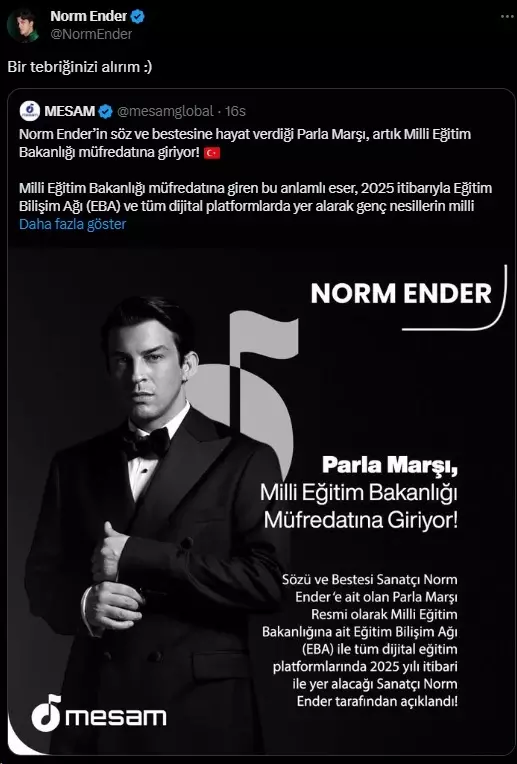 Norm Ender'in 'Parla' marşı, Milli Eğitim Bakanlığı müfredatına giriyor