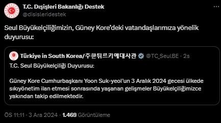 Dışişleri Bakanlığı'ndan Güney Kore Uyarısı