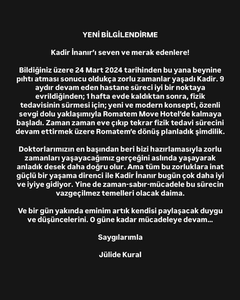 Kadir İnanır’ın sıhhat durumuyla ilgili son dakika gelişmesi Jülide Kural açıkladı